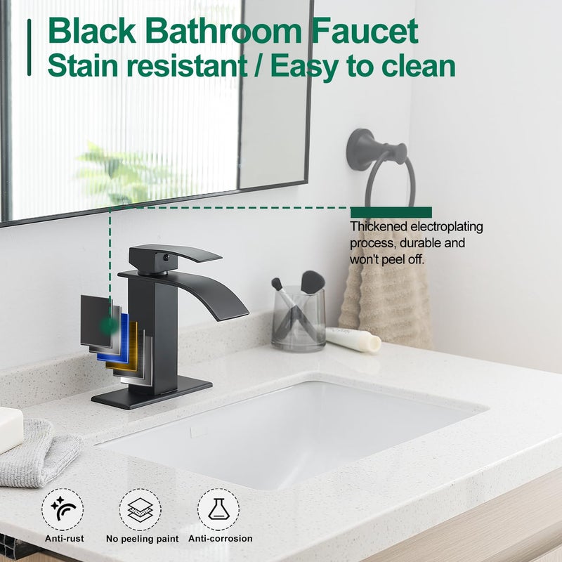 VOTON Black Bathroom Faucets Modern Waterfall Bathroom Sink Faucet Matte Black Single Handle Bathroom Faucet for 1 or 3 Holes with Deck Plate, Rv Sink Camper Farmhouse Bathroom Utility Remodel Faucet - Image 5